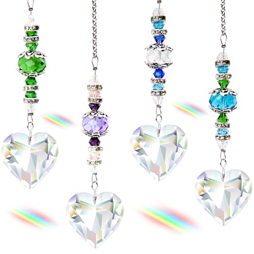 SevenFish 4pcs Crystal Suncatcher, Clear Heart Crystal Sun Catcher Hanging Rainbow Prisms Ball with Chain for Indoor Window Chandelier Garden Home Wedding Christmas Valentines Day Decor (Heart Shape)