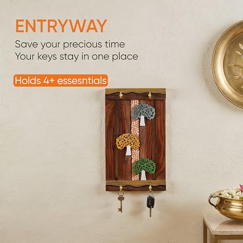 Image of AAKRITI ART CREATIONS Key Holder, Trinity of Trees Key Hanger | Rustic Teak Wood Wall Organizer with 4 Hooks | New Home Gifts | Multifunctional Entryway Decor Item