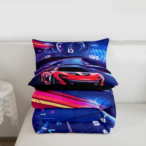 Image of Feelyou Purple Red Race Car Comforter Set Boys Extreme Sports Car Bedding Set for Kids Boys Cool Car Comforter Car Sports Inner Fill Duvet Set 1 Comforter Set with 2 Pillowcases Queen Size