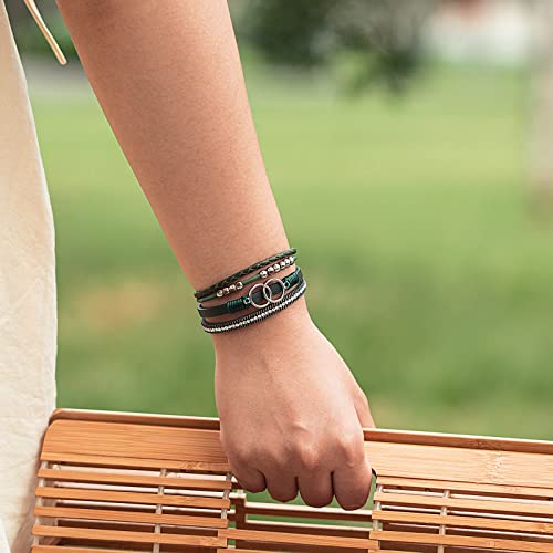 Fancy Shiny Boho Wrap Bracelets Leather Cuff Bangle Silver Beaded Bracelets For Women Stackable Infinity Bracelets Jewelry With Clasp(Olive Green) #TOP1