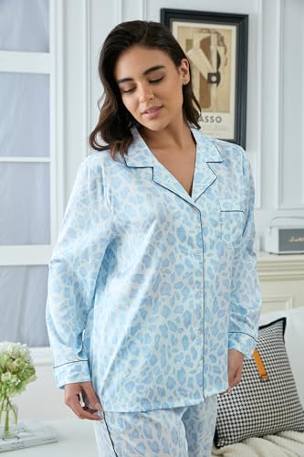 Image of YiNi LuLu Womens Silk Satin Pajamas Set Button Down 2 Piece Pjs Long Sleeve Oversized Sleepwear with Pockets
