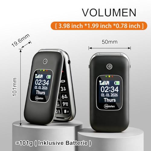 Melefon 4G Flip Handy für ältere Menschen, Telefon mit großer Taste, lauter Lautstärke, 2,4+1,44 Zoll Bildschirm, SIM frei freigeschaltet, SOS Taste, USB Typ C, Ladestation