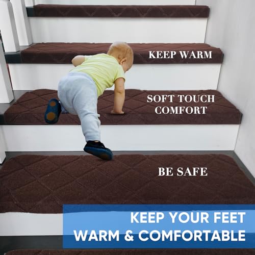 Maymat 9"X36" Bullnose Stair Treads Carpet Non-Slip for Wooden Steps Indoor, Machine Washable and Reusable with Tape Free Self-Adhesive Back for Pets, Set of 15, Brown by Maymat - Used condition - US$67.13