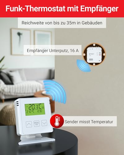 ELEKTROBOCK BT731 Funk-Raumthermostat mit Empfänger - Standfuß - Reichweite bis 35 m - Für elektrische Heizung und Infrarotheizung - Wochenprogramme und Frostschutz, Weiß