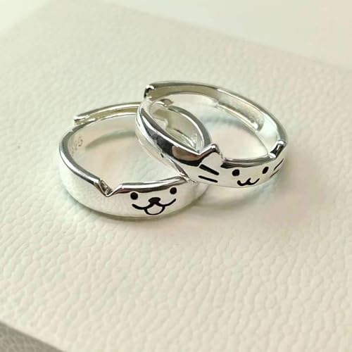 Cat Dog Couple Ring for Women Men Silver Animal Friendship Matching Ring Cute Puppy Kitten Statement Ring Minimalist Party Valentine's Day Jewelry Gift4