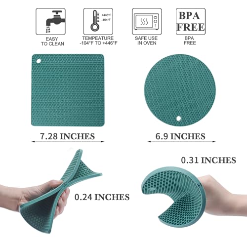 4 Pack Silicone Trivets for Dishes & Pans, Dark Green Silicone Hot Pads - 4 PCS Heat Resistant Mats for Kitchen Counter, Large Coasters & Jar Opener by QPIX DIGITAL - Used condition - Image 7