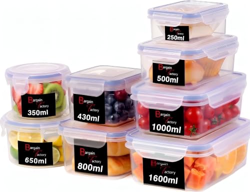 BARGAIN FACTORY Food Storage Containers 16PCS (8 Container + 8 Lids) Leak Proof Airtight Plastic Food Containers with Lids Pantry & Kitchen Containers, BPA Free Microwave & Freezer Safe, 250ML-1.6L