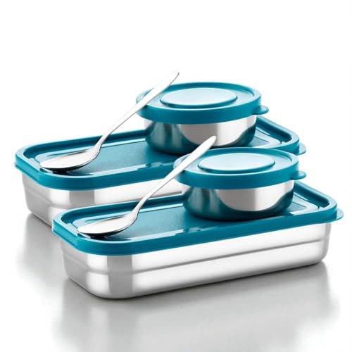 Image of TOFEE Big Stainless Steel Lunch Box for Office & School | Leak-Proof Tiffin with Small Container & Spoon | BPA-Free Airtight Lid | Compact & Durable Lunch Box for Travel (900ml) (Blue Combo)
