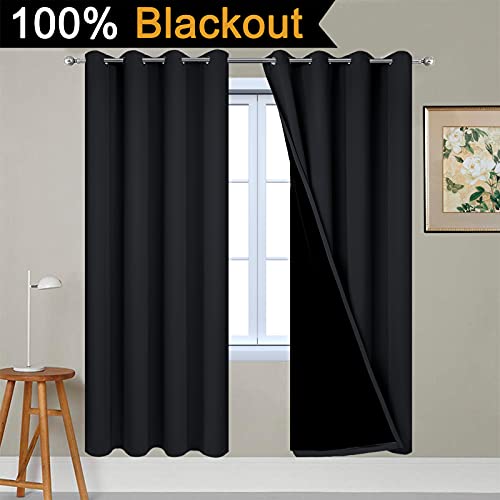 Image of Yakamok 72 Inch Length 100% Blackout Curtains for Bedroom, 2 Thick Layers Thermal Insulated Grommet Total Blackout Drapes with Black Liner for Living Room (52Wx72L,Black, 2 Panels)