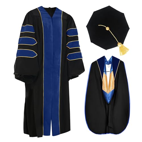 Misscom Unisex Deluxe Doctoral Graduation Gown Tam Hood with Gold Piping Doctoral Regalia