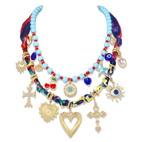 ARATLENCH Scarf Necklace with Charm Western Country Heart Cross Evil Eye Charm Bandana Neck Scarf for Women Boho Summer Beach Cherry Shark Fish Beaded Everyday Layered Necklaces Jewelry Gifts (Blue)