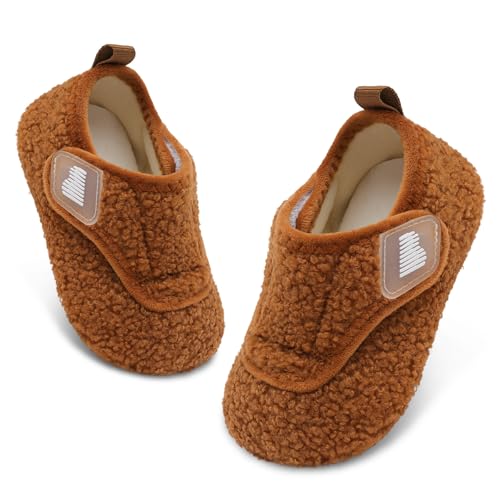 BARERUN Toddler Slippers - Warm Fuzzy Kids House Slippers With Non-Slip Rubber Sole - Soft Cozy Sock Shoes - Indoor/Outdoor Brown 6-12 Months
