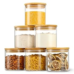 D2scrma 22oz Straight cylindrical Airtight Storage Jars with Bamboo Lid Set of 6 Storage Container Stackable Spice Jar, Kitchen Canister for Sugar, Tea, Cookies and Coffee beans (with Black Lable)