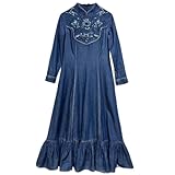 Vestidos largos de mezclilla de manga larga a media pantorrilla para mujer, estilo chino, bordado, vestido vaquero ajustado y acampanado, color azul, talla XXXL, azul, 3XL