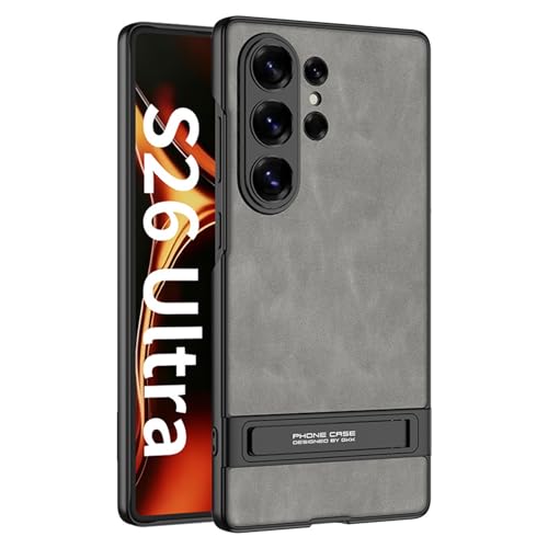 Étui fin pour Samsung Galaxy S26 Ultra gris en cuir avec support et protection caméra