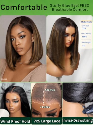 Image of KLAIYI Bye Bye Slip Yaki Straight Bob Wig Glueless Ombre Highlight Balayage Brown Precut 7x5 Lace Front Wigs Human Hair Drawstring Pre Plucked Bleached Knots Ready to Wear and Go Beginners Wig 10Inch