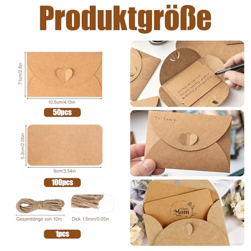 Mini Briefumschläge Set, 50 Stück Vintage Kraftpapier Umschläge mit 100 Blanko Karten und Hanfseil, Mini Briefumschläge mit Herz Verschluss für Geschenkkarten DIY Graffiti (Braun)