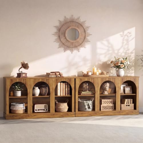 Image of Tribesigns Farmhouse Console Table Set of 2, Extra Long Entryway Table with 3 Tier Storage, Wooden Rectangular Sofa Table Behind The Couch for Entrance, Hallway, Living Room Natural Wood