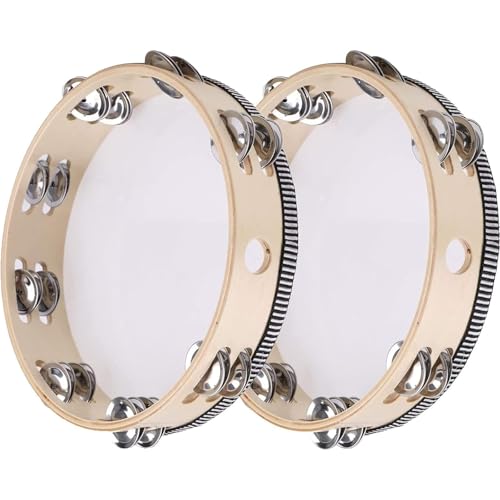 2 Pack Tambourine Wooden Tambourine Handheld Tambourine Wooden Hand Drum with Jingle Bells Percussion Musical Instrument for Rhythm Learning Performance
