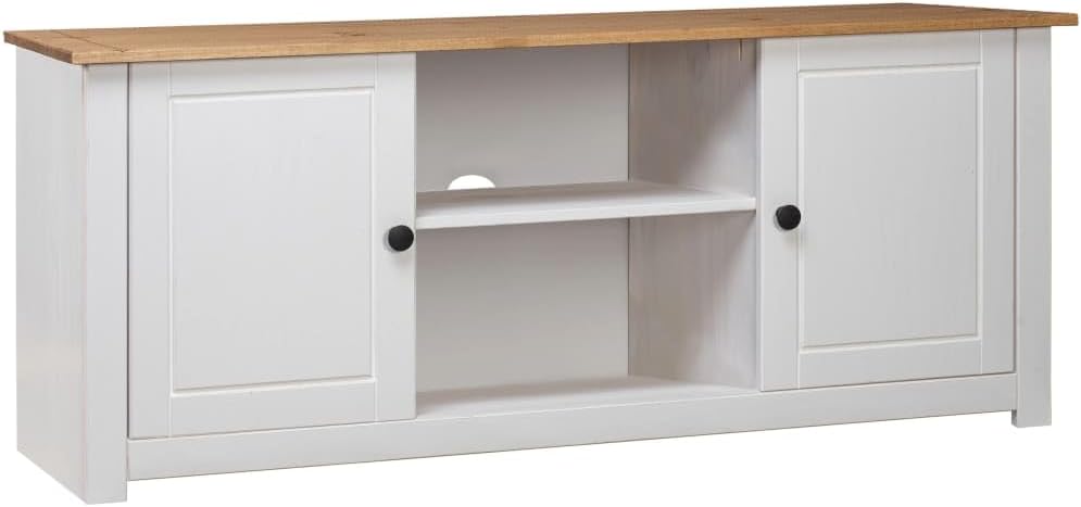 White TV Cabinet, 120x40x50 cm Solid Pine Wood, Rustic Retro Design TV Stand for Living Room, Entertainment Center with 2 Doors & 2 Compartments, Panama Range Media Console