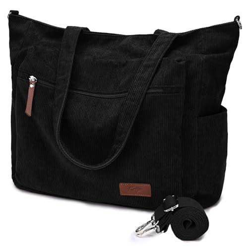 Kasgo Grand Cabas Femme Velours Côtelé, Léger Sac Fourre Tout Zippé 15,6 Pouces Poches Multiples avec Bandoulière Amovible pour Travail École Voyage Gym (95-Noir)
