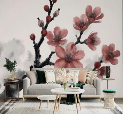 Papier peint fleurs de prunier rouge intissé 3D cache les défauts des murs