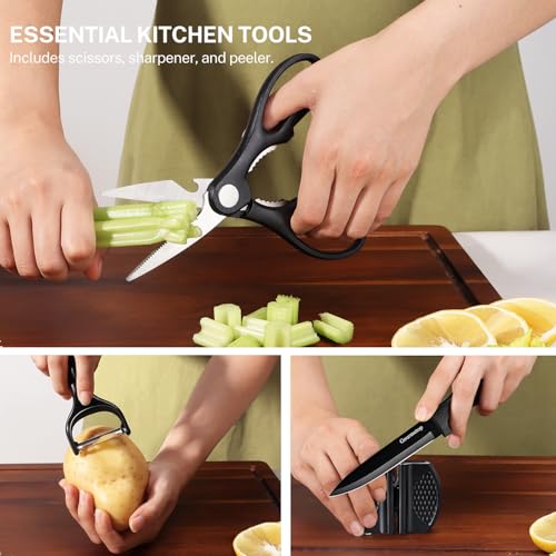 Kitchen Knife Set with Block 15 Pcs, Black Cooking Knives Set for Kitchen, Sharp Chef Knife Set for Cutting Meat with Sharpener and Scissors