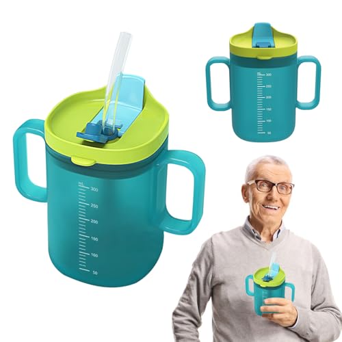 JurciCat Tasse à Bec 300ml pour Seniors avec Poignée Gobelet avec Paille et Couvercle Anti-Fuites pour Adultes Patients Âgés Handicapés Bleu