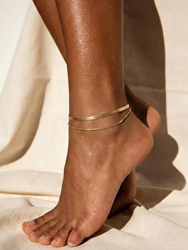 U7 14K Gold Plated Ankle Bracelets for Women Layered Snake Chain Anklets — view 2