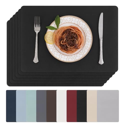 SHACOS Vinyl Placemats Set of 6 Faux Leather Place Mat, Black
