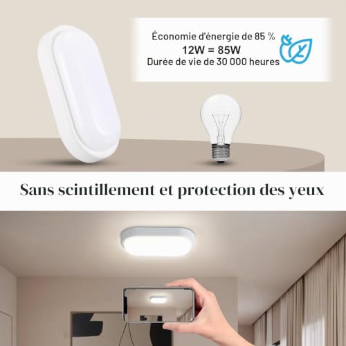 VivaLet 2 Pièces Applique Murale Intérieure Exterieur 12W 1200LM, Plafonnier LED 4000K, Luminaires Blanc, Lampe Eclairage Exterieur IP54, Éclairage de Plafond Pour balcon Couloir Escalier Garage Bain – vue 4