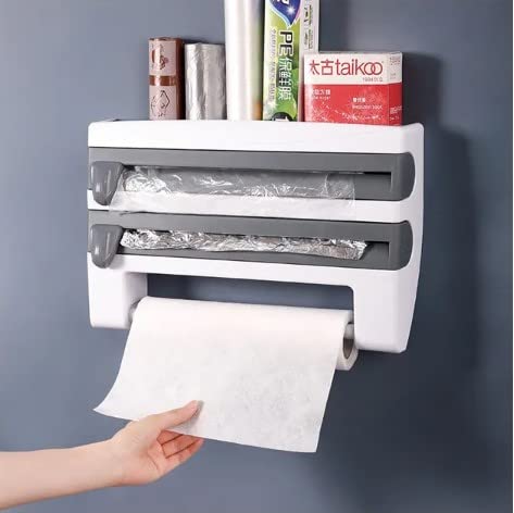 Precize - Multifunctional Paper Towels Wall/Refrigerator Mount Rolls Cutting Rack,4-In-1 Wall-Mount Sauce Bottle Storage Holder,Multi-Function Kitchen Cling Film Foil Dispenser With Spice Rack (Grey) #TOP1