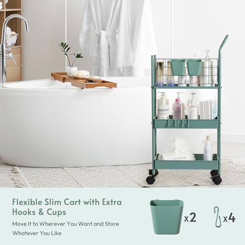 danpinera Storage Cart, 3 Tier Metal Narrow Storage Cart with Handle, Hooks and Hanging Cups, 7.7 Inches Wide, Green - Thumbnail 6