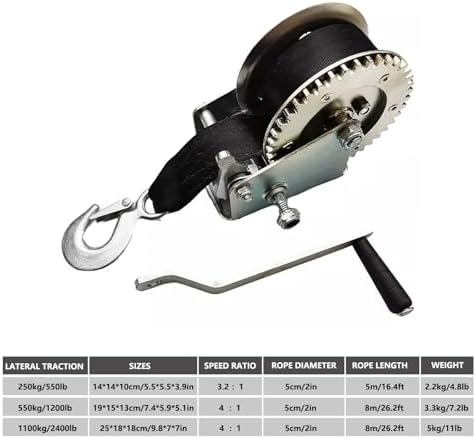 Portable Manual Ratchet Winch 550kg/1200lb for Boat Trailers, Bi-Directional Gear Ratio 4:1, 8m/26.2ft, Heavy Duty Forward & Reverse Operation, Ideal for Towing and Hauling