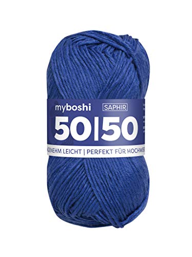 Myboshi 50/50-Ganzjahres-Wolle, Baum- und Merinowolle, Mulesing-frei, 50g, Blau (Saphir)
