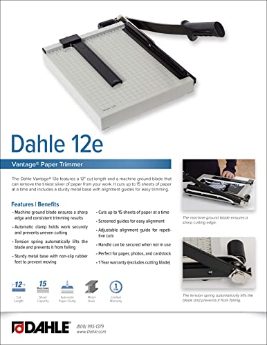 Dahle 12E Vantage Paper Trimmer, 12" Cut Length, 15 Sheet, Automatic Clamp, Adjustable Guide, Metal Base With 1/2" Gridlines, Guillotine Paper Cutter #TOP5