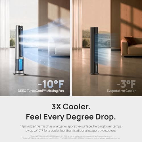 Image of DREO TurboCool Misting Fan 765S, Fans that Blow Cold Air, 10F Cooling, 34ft /s Fast Evaporative Air Cooler, 6L Tank, 20 dB Quiet DC Motor, 90 Tower Fan with 12 Speeds, 4 Modes for Home, Silver