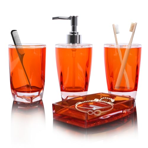 LGURT 4-Piece Warm Orange Acrylic Bathroom Accessories Set — Soap Dispenser, Toothbrush Holder, Soap Dish & Mouthwash Cup, Vanity Countertop Organizer for Orange Boho Bathroom Decor