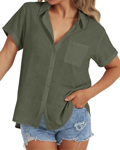 keriffe Short Sleeve Button Down Shirts for Women Summer Casual Cotton Gauze Tops Loose Fit Collared Blouses Pockets Army Green
