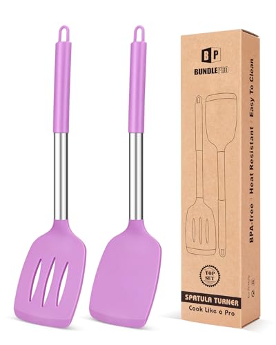 Image of Pack of 2 Silicone Solid Turner ,Non Stick Slotted Kitchen Spatulas ,High Heat Resistant BPA Free Cooking Utensils ,Ideal Cookware for Fish ,Eggs ,Pancakes