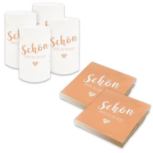 itenga Tischdeko Set - Servietten Schön dass du da bist 30 x 30cm 3-lagig 40 Stück und 6 Windlichter für Kommunion Konfirmation Hochzeit Taufe und andere Feiern (apricot)
