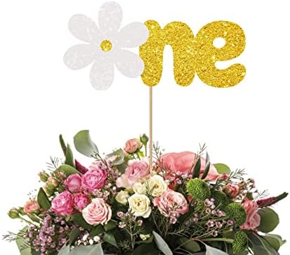 Gold & White Daisy One Cake Topper for Baby Shower Party Decor, Daisy Flower Cake Topper for Girls, Daisy 1st Birthday Decorations, Children's Birthday Party Supplies