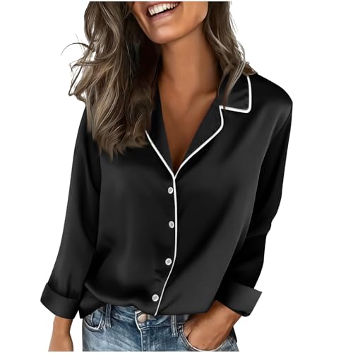 Women's Long Sleeve Satin Blouse Notch Lapel Silk Button Down Shirt Business Casual Outfits Pajama Style Office Top A01 Black Large