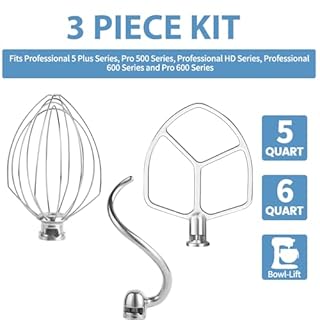 Stainless Steel 3 Piece kit Attachments，Dough Hook 6 Wire Whisk Flat Beater Compatible with KitchenAid 5 Plus -6QT Mixer，Bowl Lift Stand Mixer Accessory，Rust Resistant，Dishwasher Safe