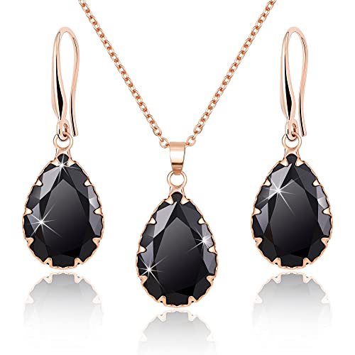 Image of Linawe Gothic Rose Gold Jewellery Sets for Women, Crystal Black Necklace Set Drop Dangle Earring Imitation Diamond Pendant Boho Jewellery Rhinestone Wedding Cubic Zirconia Birthstone