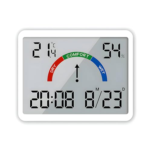 Image of DeWire 3-in-1 Digital Hygrometer Thermometer Alarm Clock - Smart Room Monitor with Comfort Indicator, Date & Time Display, Multiple Mounting Options for Home, Office, Baby Room - White
