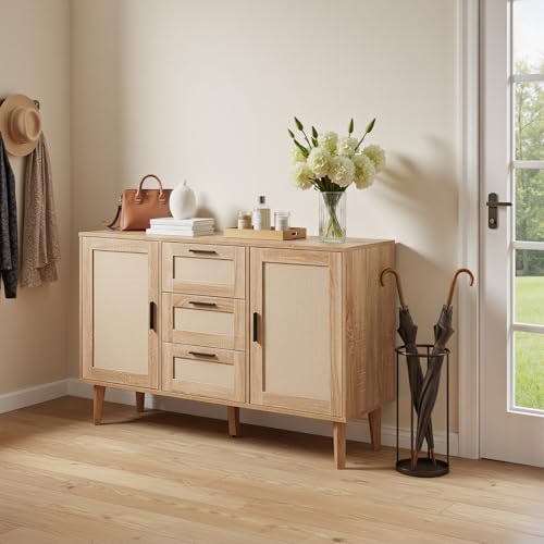 Warmiehomy Sideboard with 2 Doors and 3 Drawers Modern Kitchen Storage Cabinet Rattan Weaving Pattern Kitchen Storage Cupboard with Black Metal Handle for Dining Room Hallway Entryway(120x39x80cm)