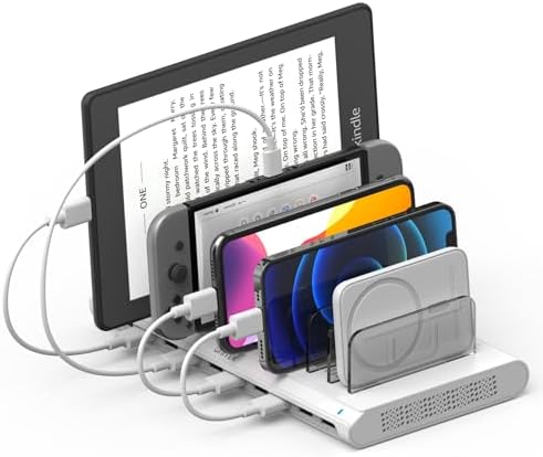 Unitek Charging Station for Multiple Devices, 10-Port USB Charger with SmartIC Technology and Adjustable Dividers, Organizer Stand Compatible with iPad, Tablet, Kindle, iPhone, White
