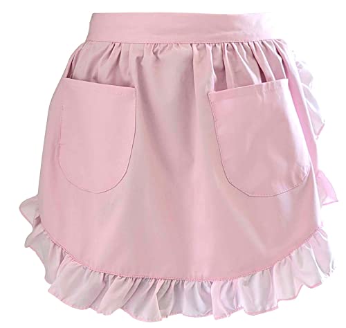 Women’s Waist Aprons with White Pockets Half Server Home Waitress Vintage Servant Apron for Kitchen Cooking (Pink)