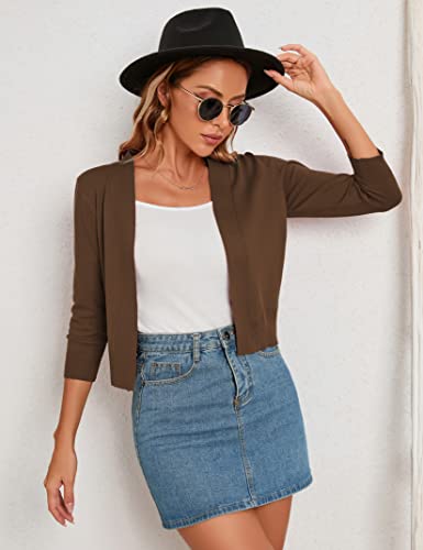 Image of GloryStar Women s 3 /4 Sleeve Cropped Cardigan Sweaters Open Front Knit Short Bolero Shrugs Coffee- XS